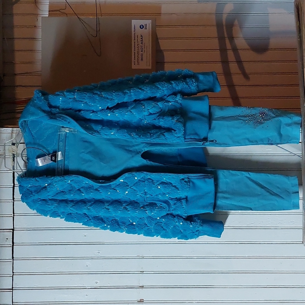 💎Faux fur sequin Jacket and legging set with Rhinestones; Color: Blue, Size: